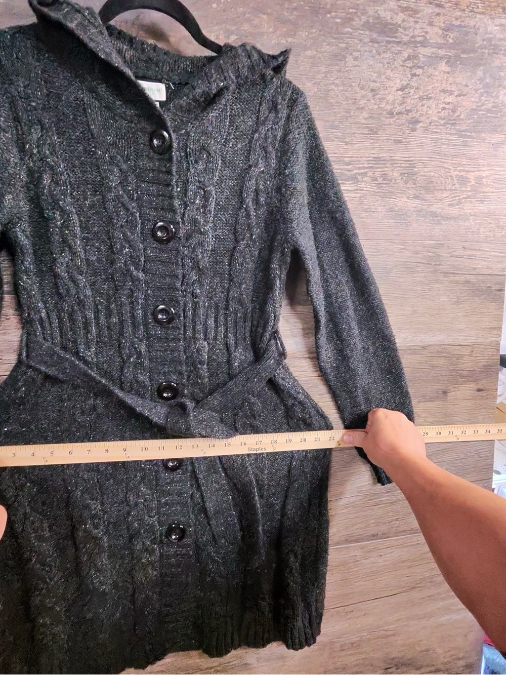 Motherhood Maternity Black Hooded Cable-Knit Button Cardigan with Belt - Picture 2 of 10